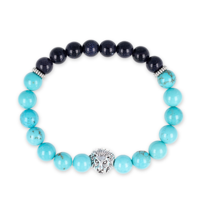 Bracelet réglable pierres onyx+turquoise tête de lion