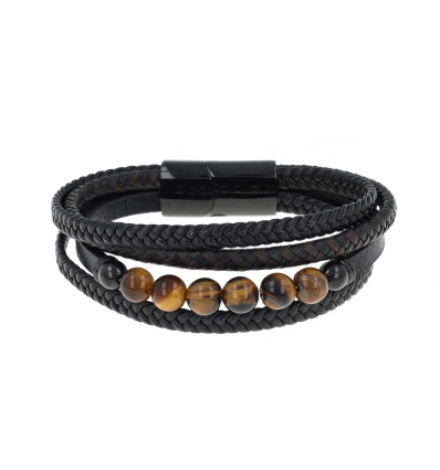 Bracelet acier cuir veritable 21cms avec oeil de tigre