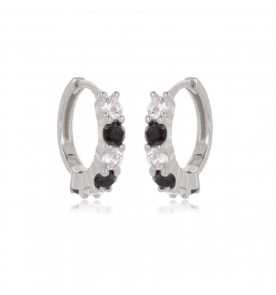 Boucles d'oreille petite Créole argent rhodié avec cubic zirconia noir et cubic zirconia