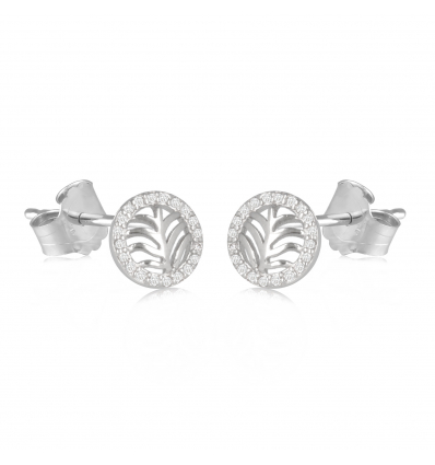 Boucles d'oreille argent rhodié forme ronde et feuilles de palmier avec cubic zirconia