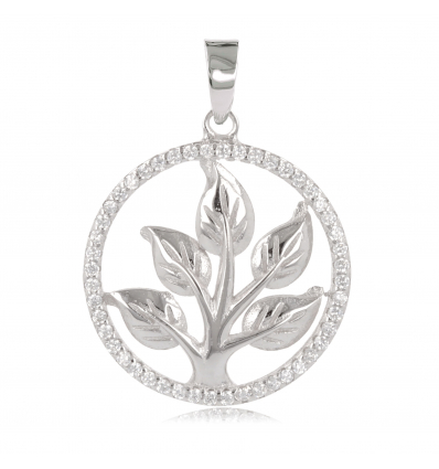 Pendentif argent rhodié arbre et cinq feuilles encerclées de cubic zirconia