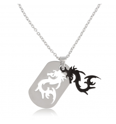 Pendentif dragon céramique noir amovible avec chaîne forçât 45CM