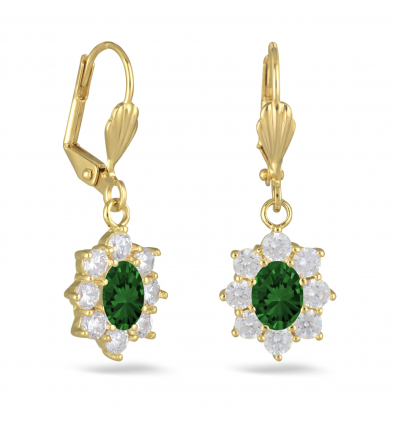 Boucles d'oreille plaqué or dormeuses saphir synthétique et cubic zirconia