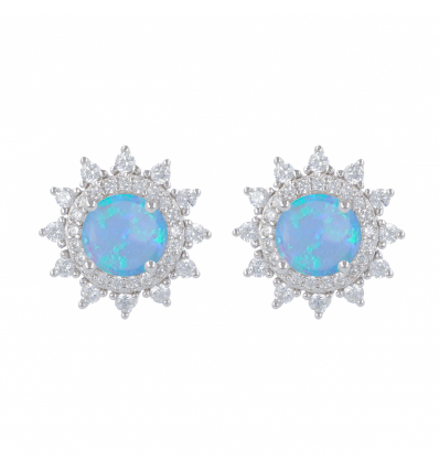 Boucles d'oreille argent rhodié opale bleue et cubic zirconia